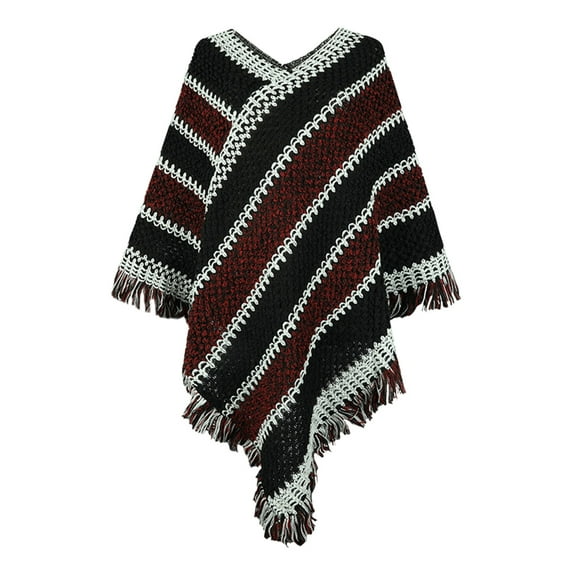 1PC Top Black Cotton Womens Autumn And Winter Contrast Stripe Ethnic Style Tassel Pullover Cape Shawl
