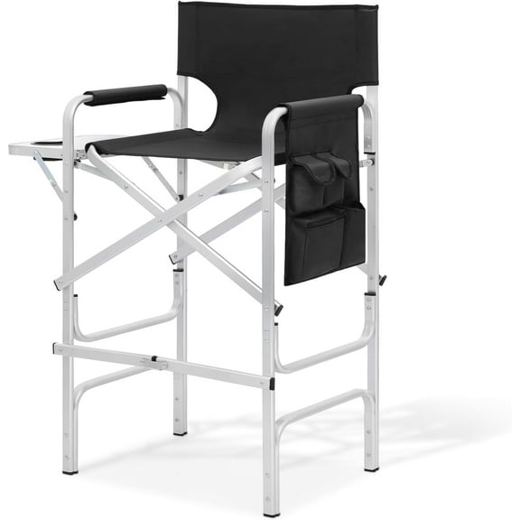 QRKD Tall Director Chair for Seniors & Makeup Artists, 31" Seat Height, 250 lbs Capacity, Folding Chair with Side Table, Side Pocket & Cup Holder, Portable for Camping, Fishing & Events, Black