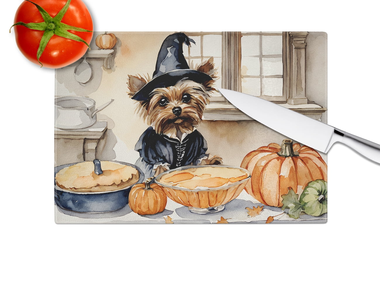 Yorkie Fall Kitchen Pumpkins Glass Cutting Board Large 12 in x 15 in