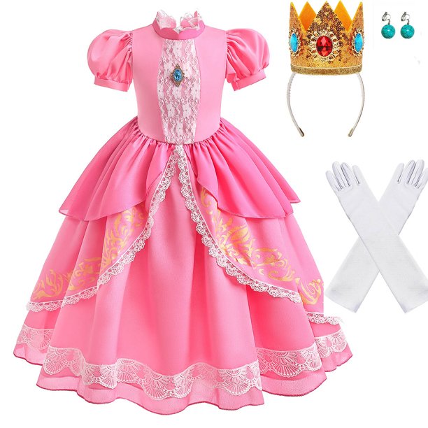 Girls Princess Costume Dress with Crown Earrings Gloves Halloween Party Cosplay Kids Dress Up