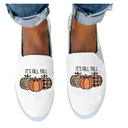 Mepaouo Women s Fashion Halloween Shoes Pumpkin Canvas Low Top Sneakers Platform Slip on Flats Loafers