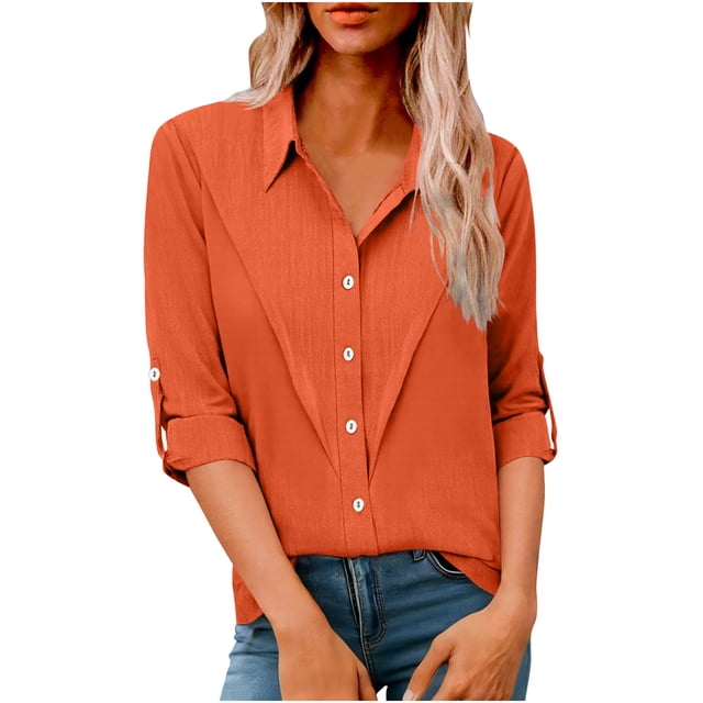 Camisas de Manga Larga para las Mujeres Blusa de Túnica de Imitación de Botón de Solapa de Ajuste Suelto con Tela Suave, Top de Verano Transpirable para Uso Diario Informal