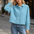 thumbnail image 4 of QIYAGBSA Shirts for Women Button Down Collared Long Sleeve Cropped Cotton Linen Blend Relaxed Fit Casual Everyday Wear (Light Blue, XL), 4 of 6