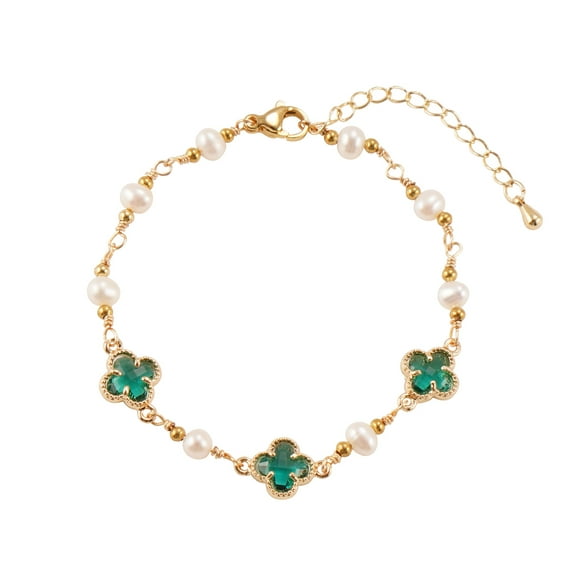 Natural Pearl & Copper Four Leaf Clover Bracelet with Green Glass Charms, Adjustable Lucky Jewelry for Women, Elegant Gift for Friends