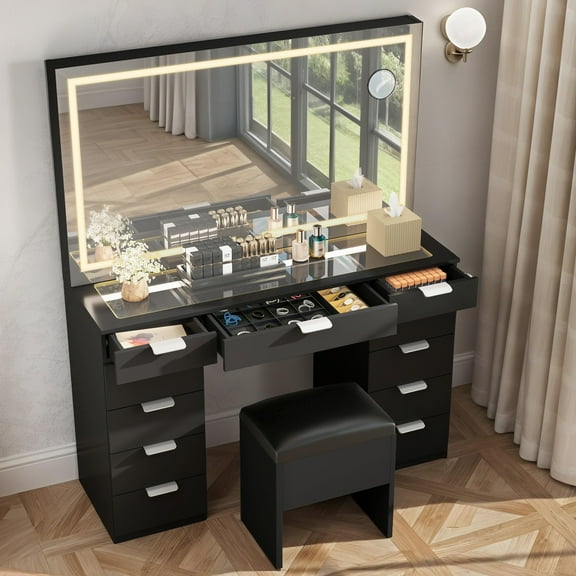 Craftian Vanity Desk Set with LED Lighted Mirror and Glass Top - Perfect for Your Beauty Corner for Bedroom, Black