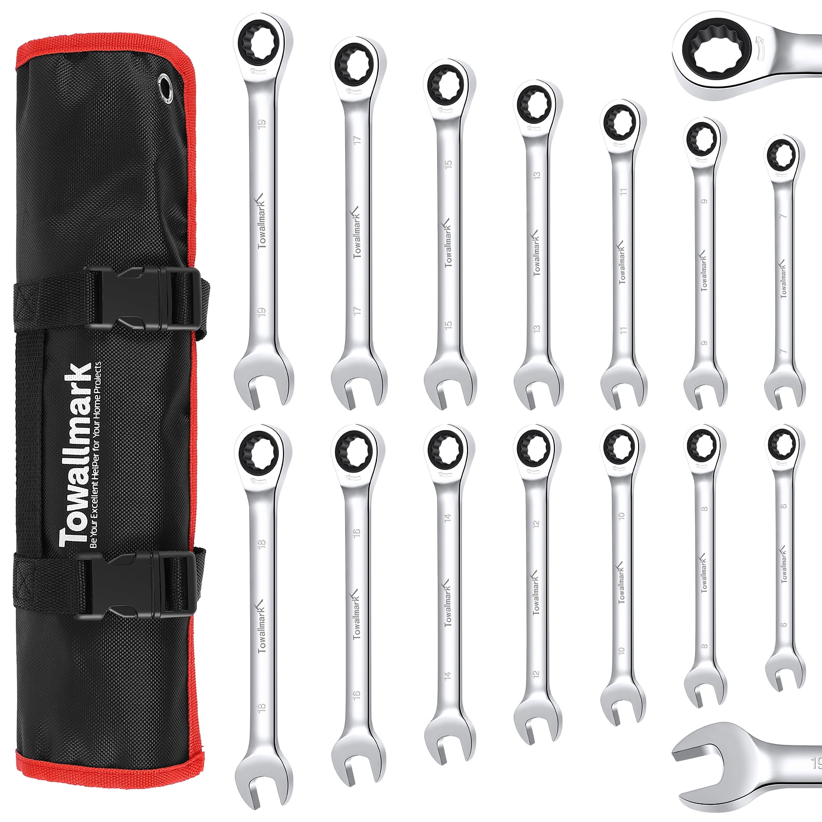 Mescukay Flex-Head Wrench Set of 12, Ratcheting Combination Set, Metric 8-19mm, 72-Teeth,Cr-V Steel Ratchet Wrenches Set with Storage Bag for home/car/bike etc