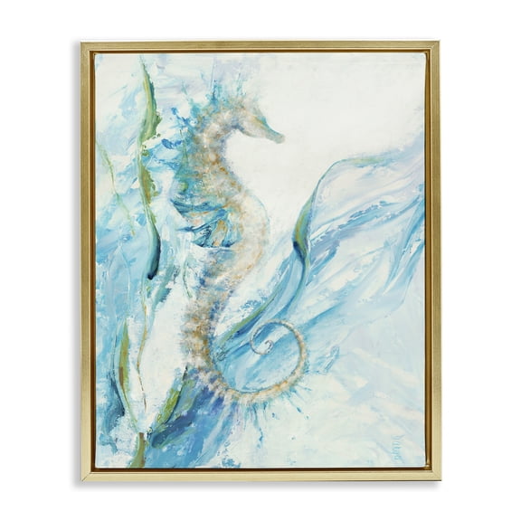 Stupell Industries Tropical Nautical Seahorse Blue Ocean Gold Floating Frame Canvas Art, 17 x 21, by Dina D'Argo
