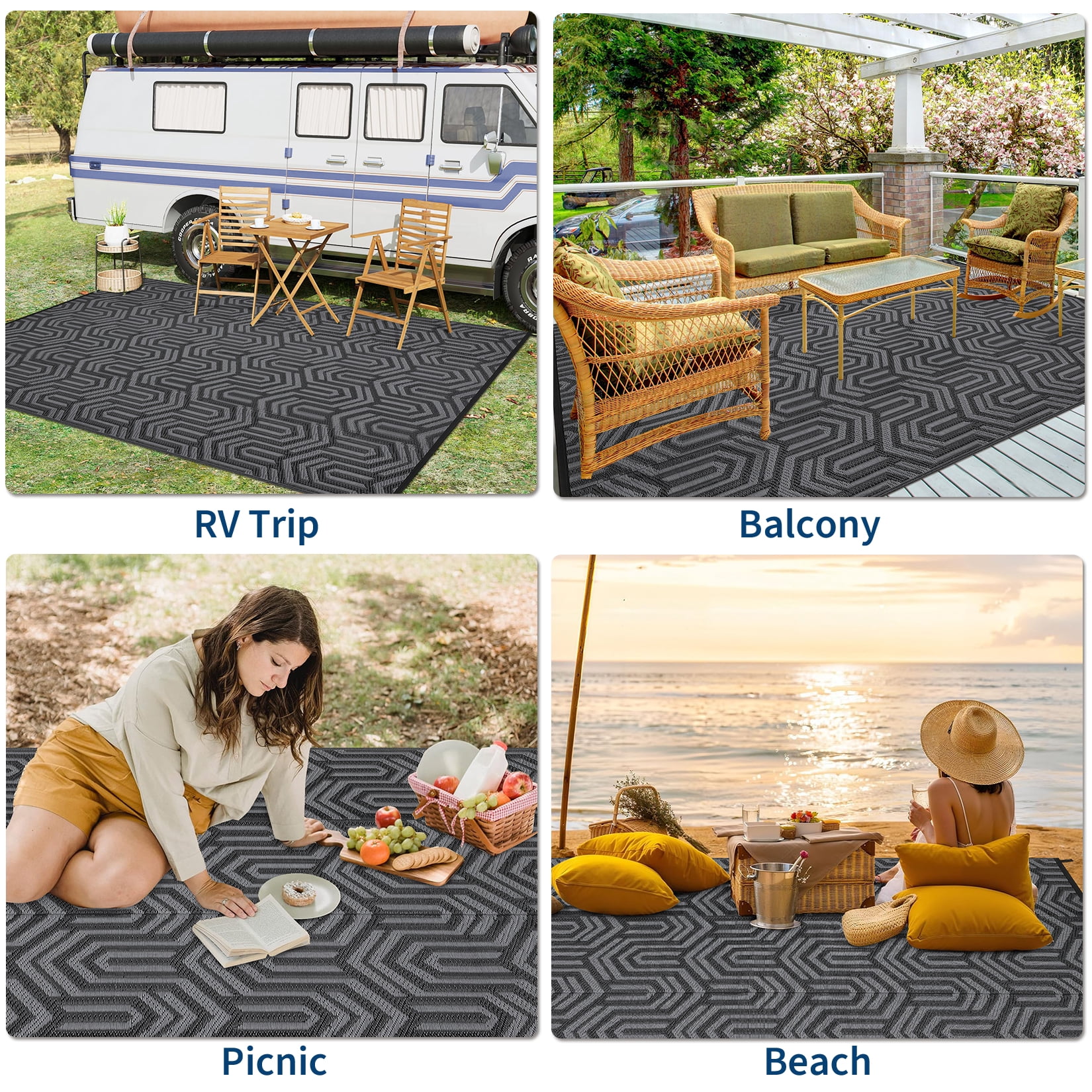 Garvee Waterproof Outdoor Rug 8x10ft Reversible Patio Rug, Plastic Straw Rug RV Camping Rug for Deck Balcony Porch Picnic Backyard, Black Gray