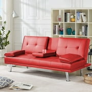 Aukfa Leather Futon Convertible Sofa Bed for Home Office, 2 Cup Holders, Twin Size, Red
