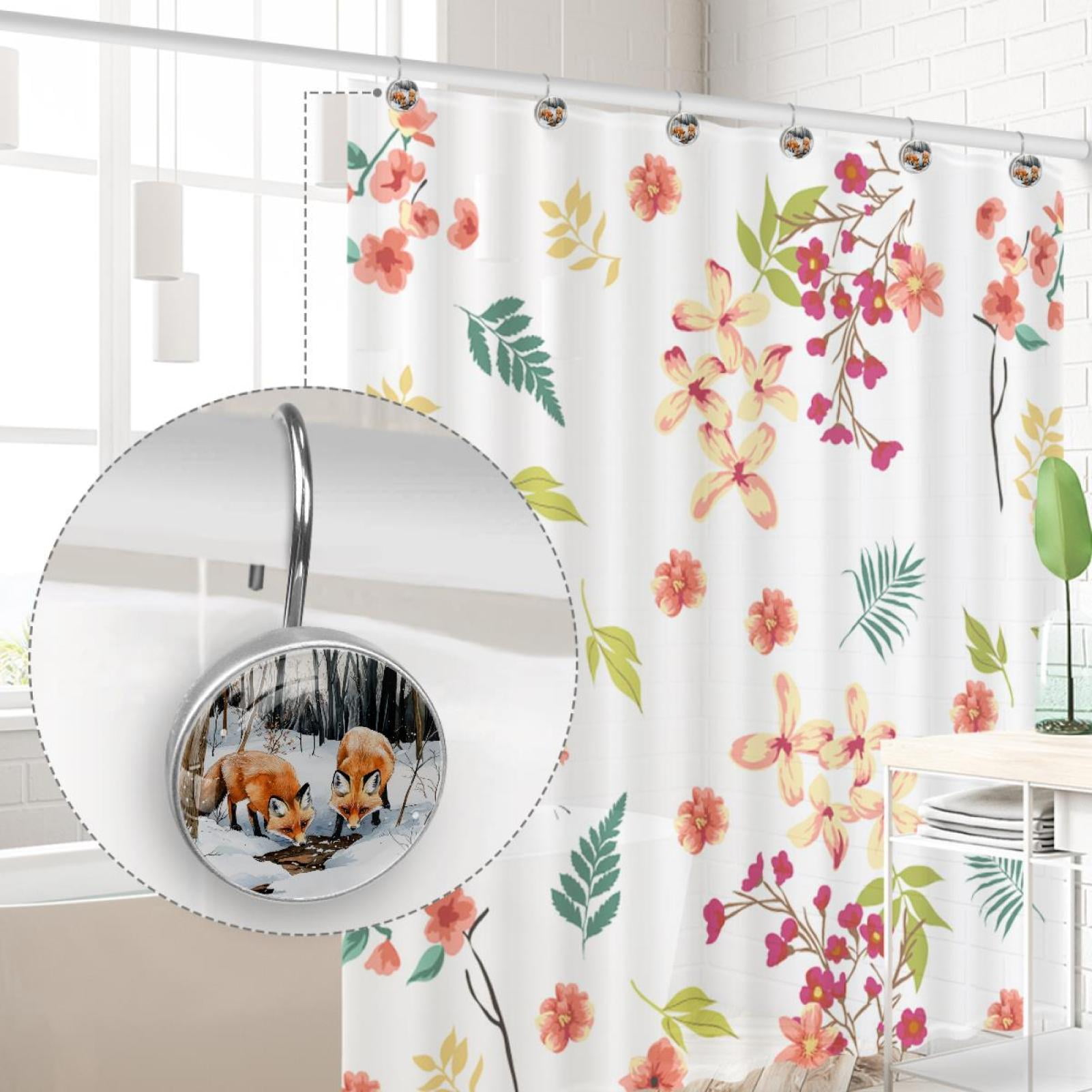 Foxes on Cold Snow Forest Shower Curtain Hooks Round Crystal Glass, Set of 12 Shower Curtain Rings - Shower Hooks for Curtain Shower Rings