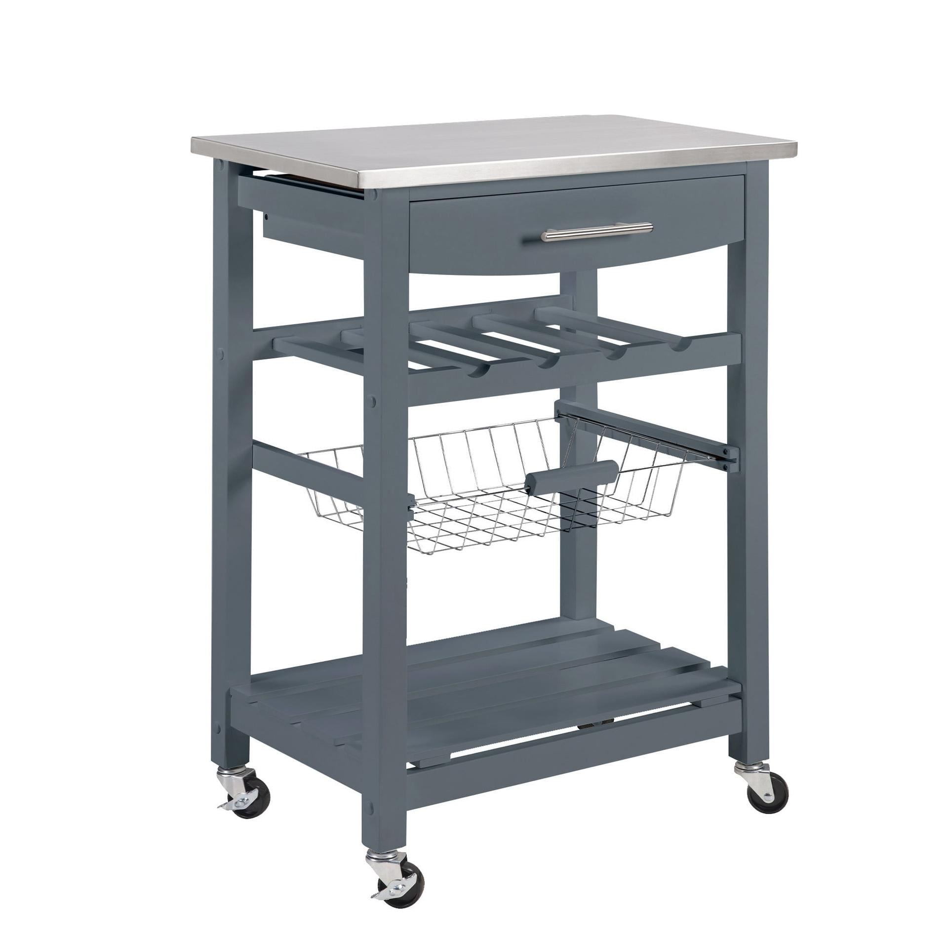 Mobile Rolling Kitchen Island Trolley Serving Cart with Underneath Drawer & Slide-Out Wire Storage Basket