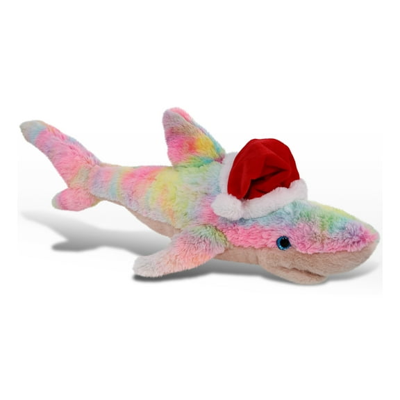 DolliBu Santa Large Rainbow Shark Stuffed Animal Plush Toy - Wild Animal Dress Up with Red Santa Claus Hat, Cute Wildlife Gift, Perfect Holiday Christmas Gift - 23 Inches