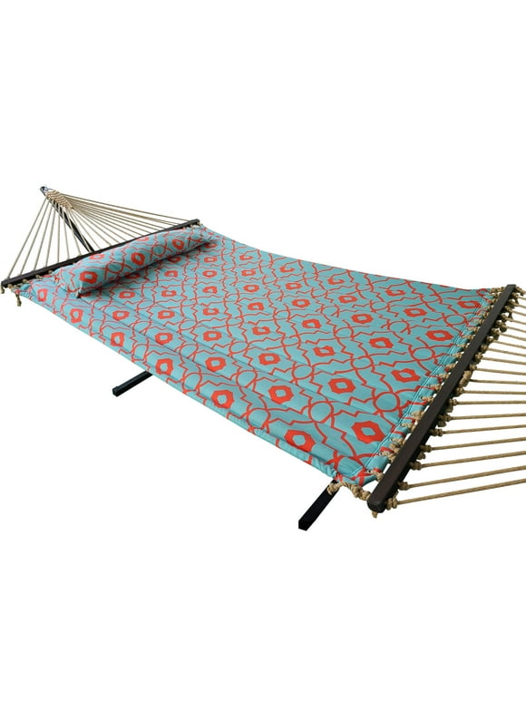 Coral Coast Morrocan Quilted 2 Person Hammock, Coral and Spa Blue Color, Product Assembled Size 145.65 ft L x 55 ft W