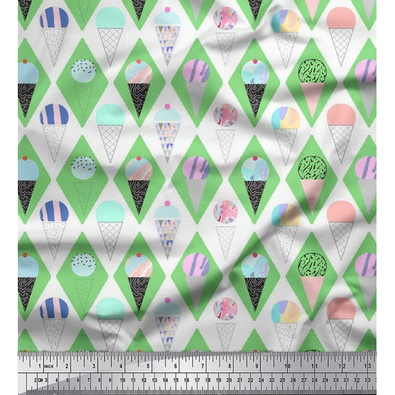 Soimoi Green Cotton Duck Fabric Diamond & Ice Cream Cone Food Fabric Prints By Yard 42 Inch Wide
