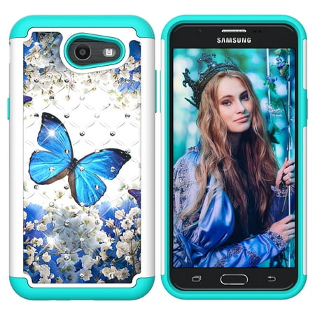 Emerge 3' Usb - Galaxy J3 Emerge / Galaxy J3 Prime / J3 Luna Pro / J3 Eclipse / Amp Prime 2 Case, Allytech 2 in 1 Shockproof Samsung Galaxy J3 2017 Defender Phone Cover Case with Bling Diamond, Blue Butterfly