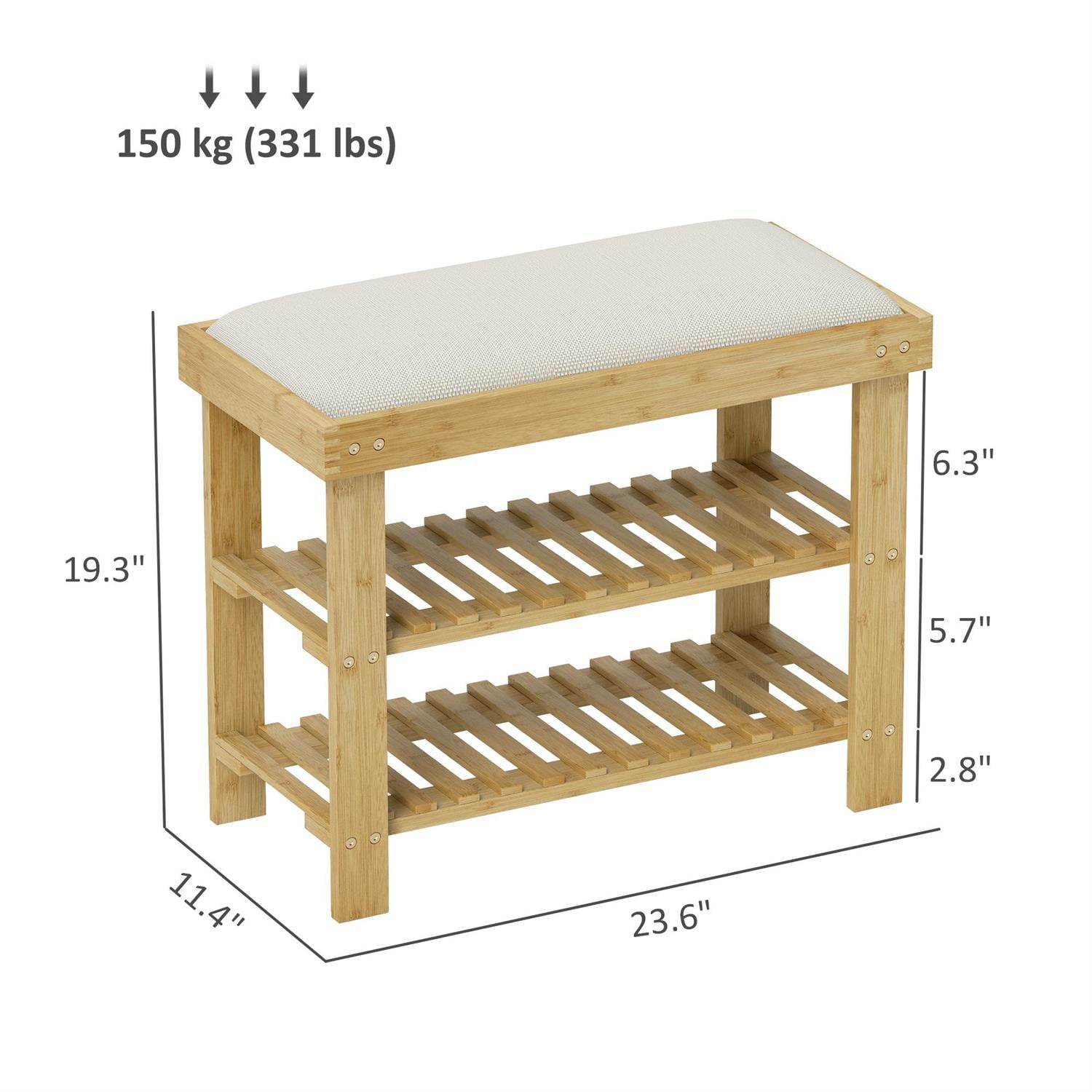 Demi Bonn 23" Entryway Shoe Storage Bench, 3-Tier Bamboo Bench with Cushion, Shoe Organizer for Hallway & Entryway Spaces, White