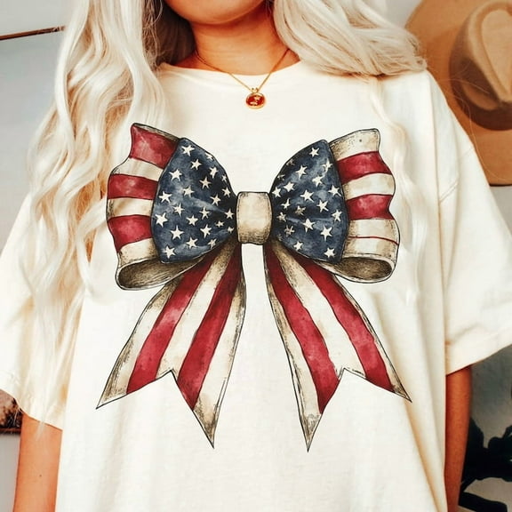 Coquette American Girl Bow T-Shirt – Cute 4th of July Red White and Blue USA Tee