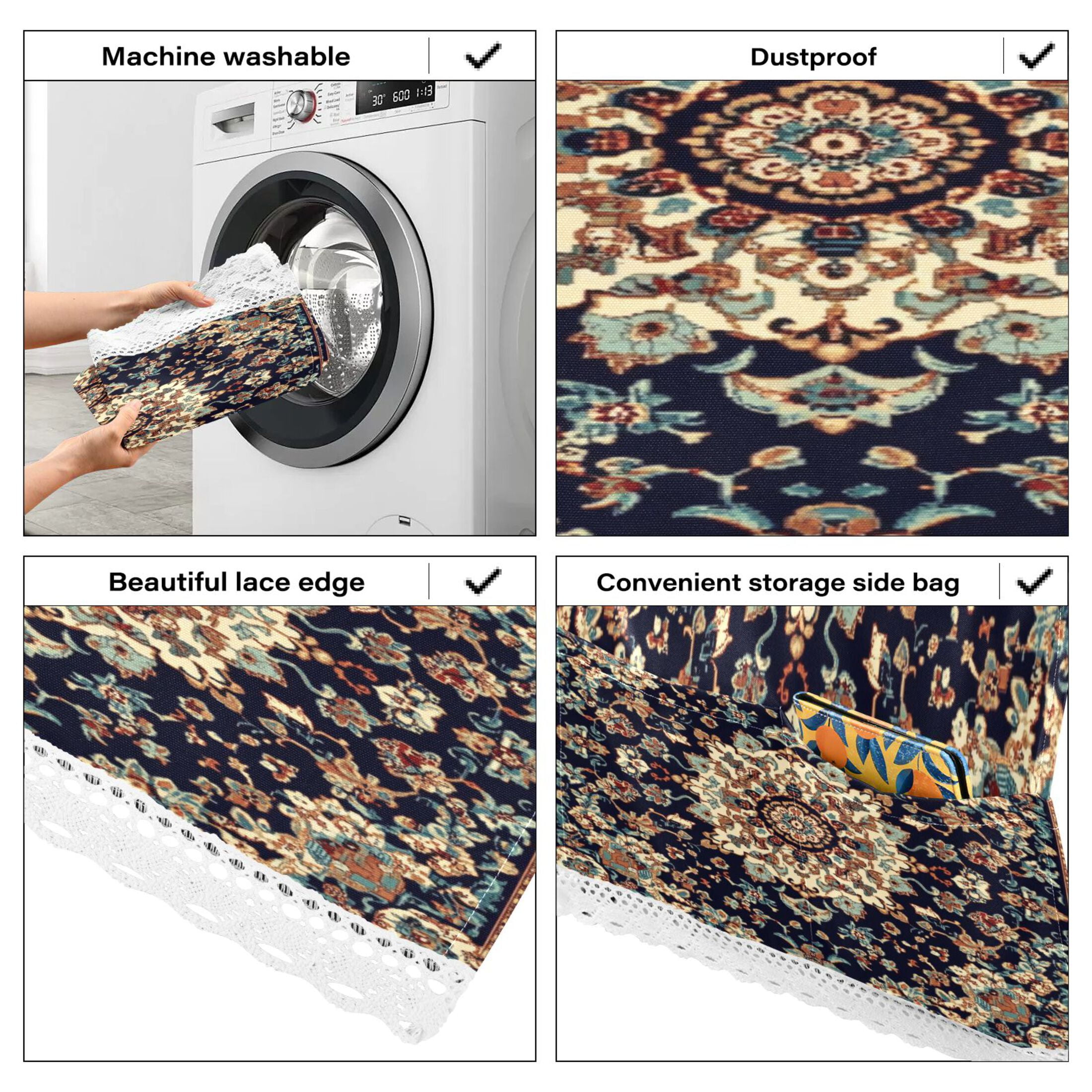 Carpet PatternsWasher and Dryer Covers Dust-Proof and Oil Resistant Fridge Cover with 4 Storage Pockets Washing Machine Top Cover for Laundry Kitchen Home 51.2 x 22 In