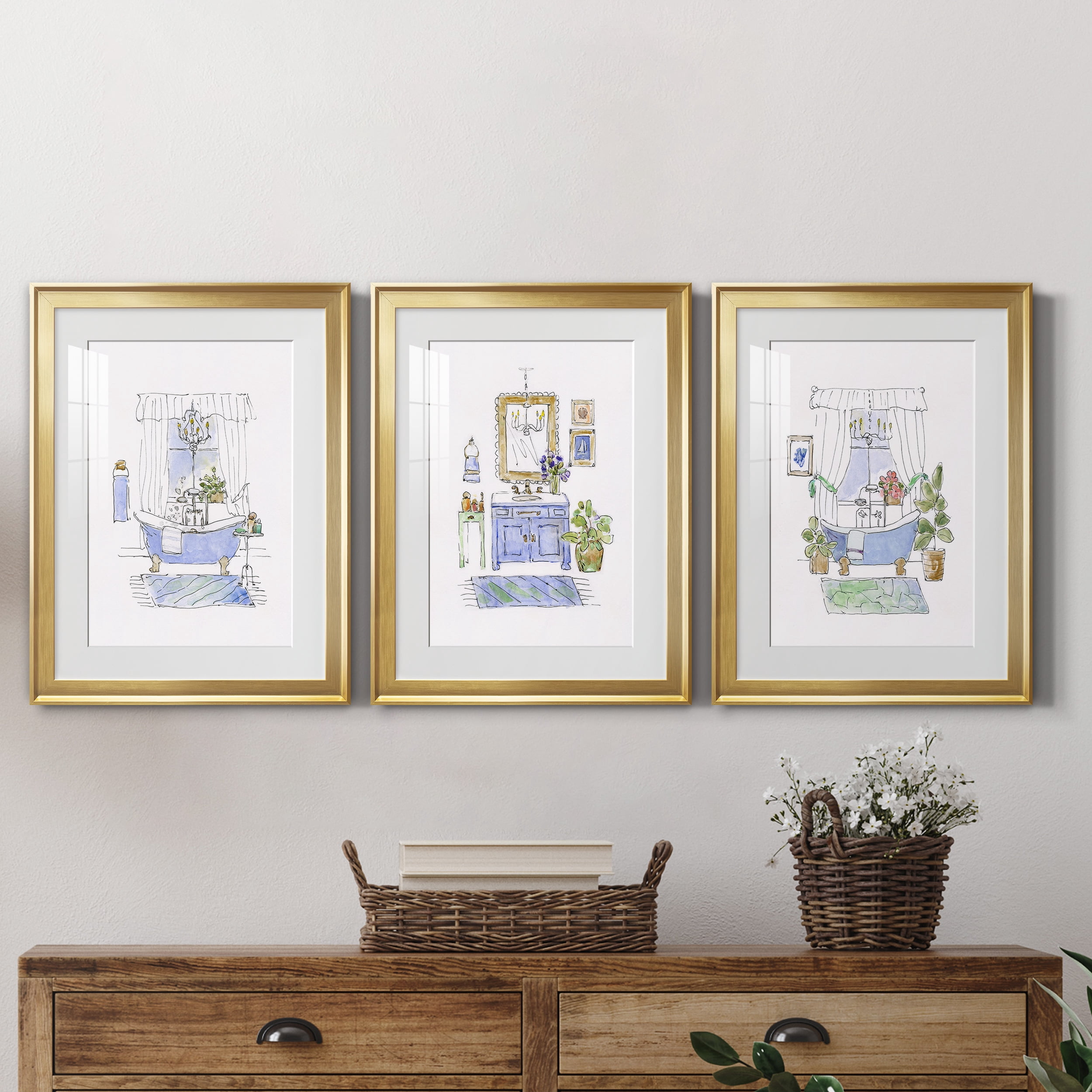 Sketchy Bath I Premium Framed Prints Set of 3 - Ready to Hang - 22 x 30 Each - Gold Frame