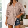 thumbnail image 2 of felwors Cotton 3/4 Sleeve Button Down Shirts for Women Gingham Plaid Striped Tops V Neck Casual Loose Blouse (Brown, XXL), 2 of 7
