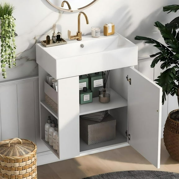 UBesGoo 21.6" Floating Bathroom Vanity with Side Storage Ceramic Basin for Small Bathrooms White