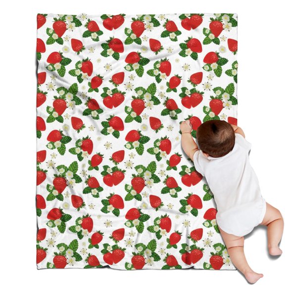 Red Strawberry Plants Fruit Flower White Pattern Blanket,Comfortable Soft Flannel Throw Blanket,All Season,Warm Lightweight Blankets for Sofa Bed Couch Living Room Chair,30"x40"