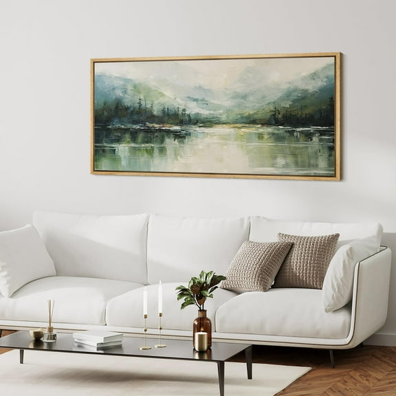 IDEA4WALL Extra Large Framed Canvas Print Wall Art Mountain Lake Impressionist Nature Scene Artwork Wilderness Antique Retro Fine Art Watercolor Decorative Relax/Calm for Rooms Decor - 60"x30"