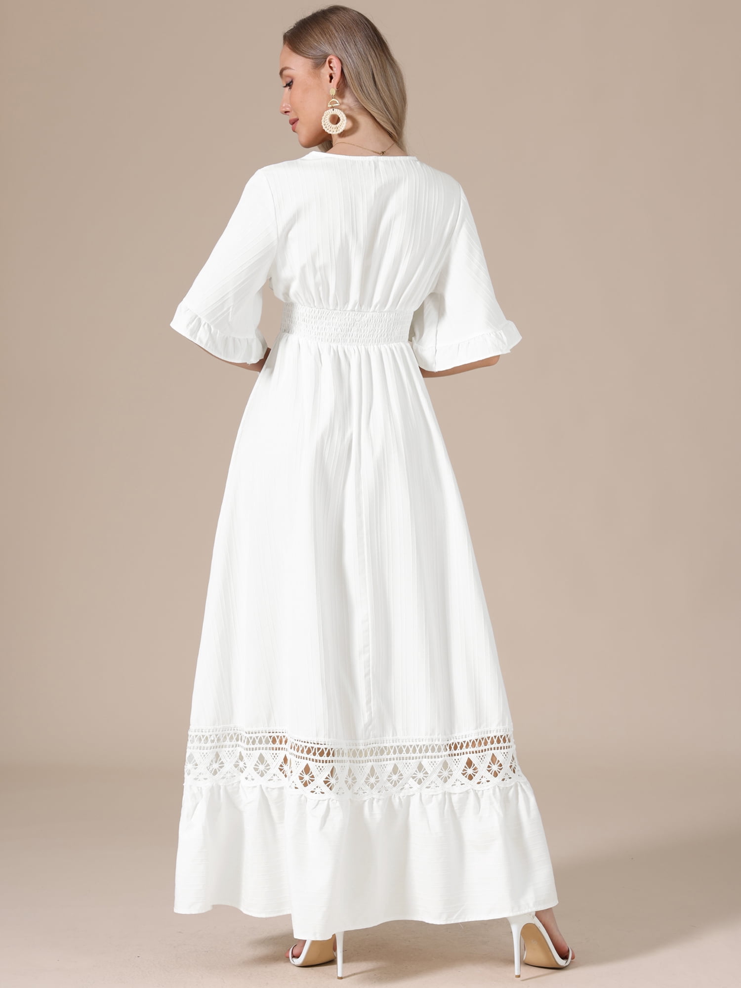 DARING DIVA Women's V Neck Lace Ruffle Boho Flowy Maxi Dress L White