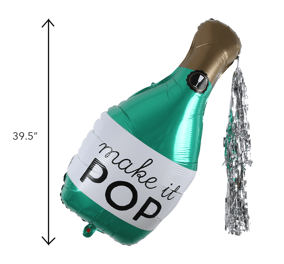 Large "Make it Pop" Champagne Bottle Foil Balloon with Silver Tassel, 20in x 39.5in