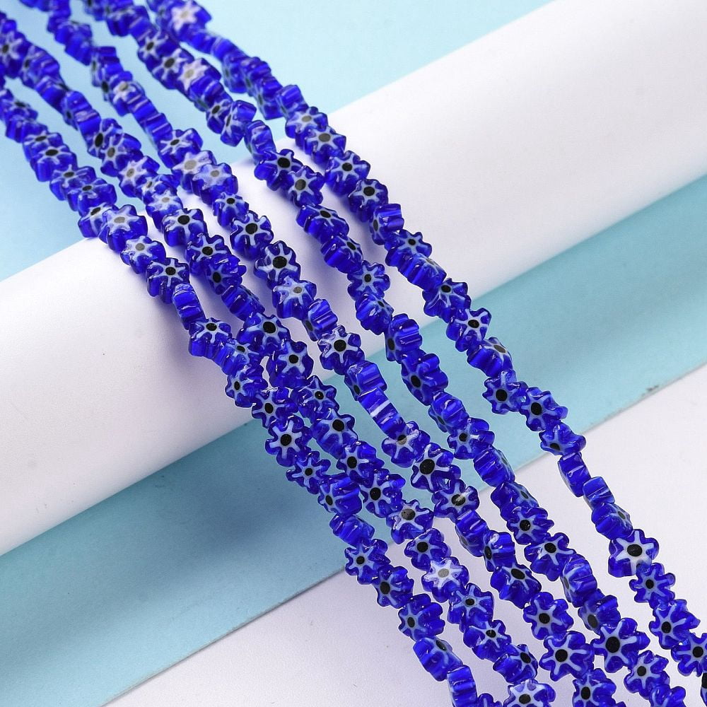 10strands Handmade Millefiori Glass Bead Strands Flower Medium Blue 4~7.2x2.6mm Hole: 1mm about 60~69pcs/Strand 16 inch(40cm)