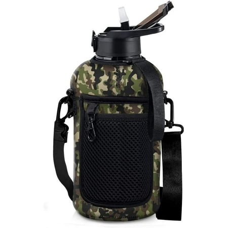 

Half Gallon Green Camo Water Bottle Hydrojug Camo Sports Bottle Hydro Jug Water Bottle With Sleeve and Straw and Carry Strap Gym Water Bottle Gym Accessories for Women and Men 2.2 L (74 Ounce)