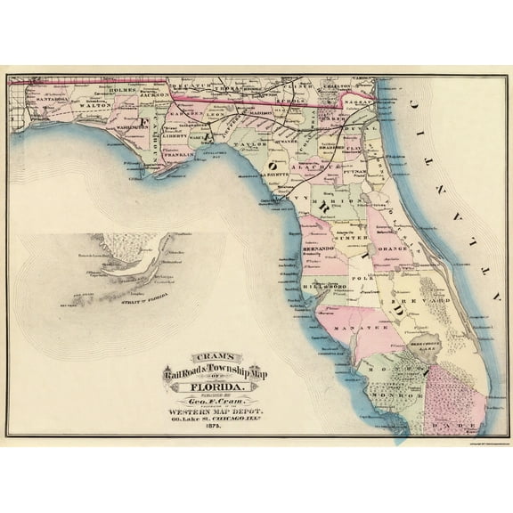 Historic State Map - Florida - Cram 1875 - Vintage Wall Art