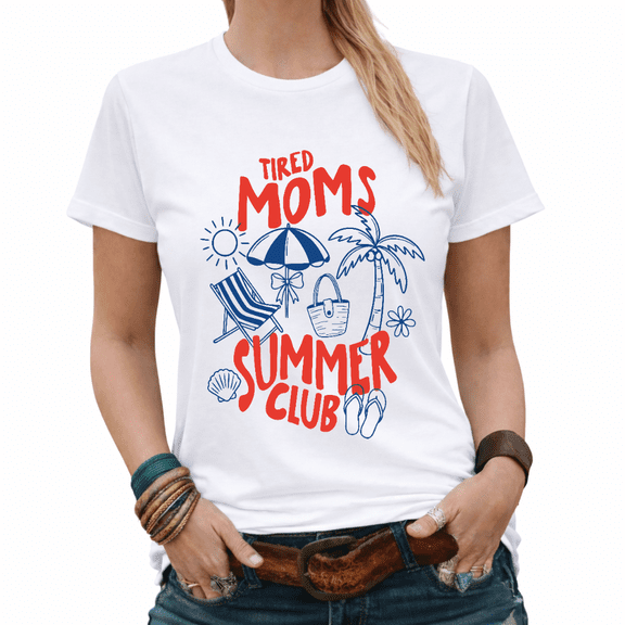 Cute Summer Mom Tired Moms Summer Club Beach Graphic Tees Womans Tshirt Tops Black/White S-5XL