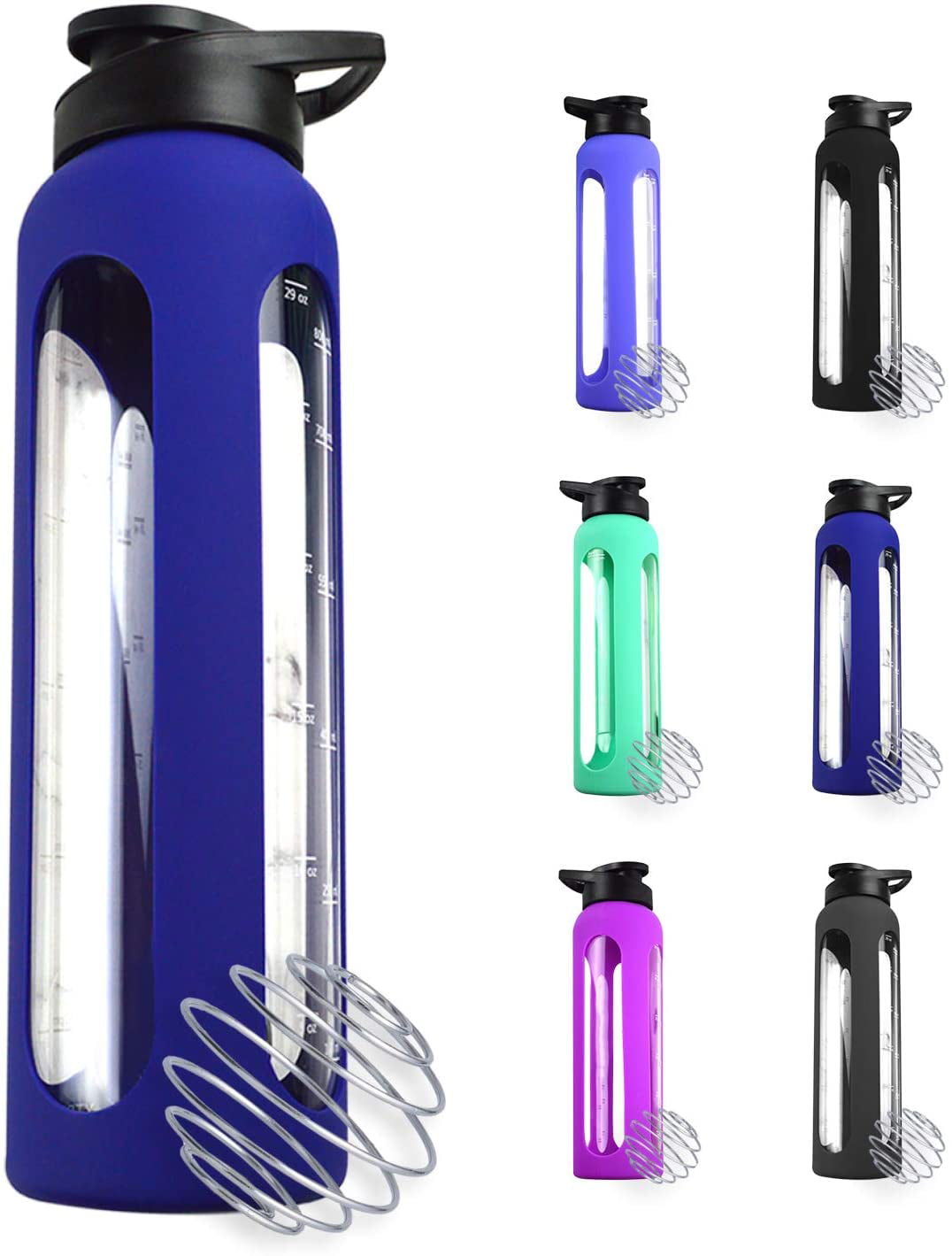 Glass Water Bottle 32 OZ 1L Time Measurements Leak Proof Sports Gym Shaker Ball 