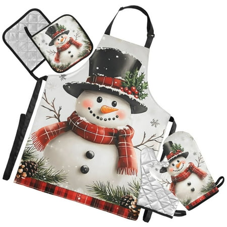 Ryvnso Snowman Pine Cones Kitchen Apron Oven Mitts Set Pot Holders