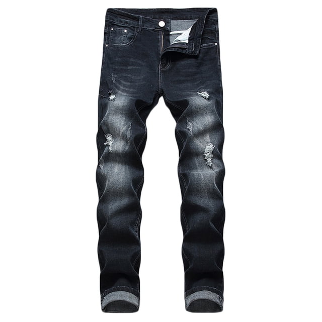 HKEJIAOI Mens Lounge Pants Men Zipper Closure Solid Washed Stretch Casual Trousers Ripped Jeans
