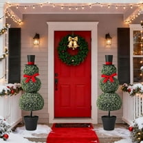 2PCS Christmas Snowman Topiary 30'' Artificial Snowman Shaped Topiary Tree Pot with Red Bow Santa Hat Boxwood Topiaries for Christmas Indoor Outdoor Home Porch Decor
