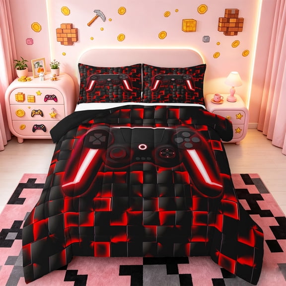 Manfei Neon Gamepad Bedding Comforter Set,Modern Geometric Plaid Twin Comforter Sets,Red Black Bedding Set For Boys Kids,Super Cozy Bedroom Decor Reversible,2 Pieces