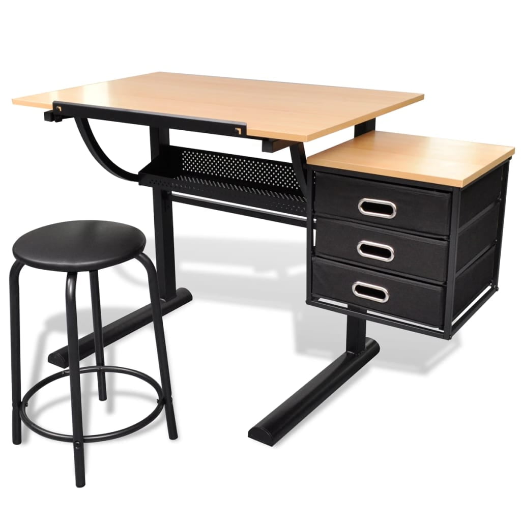 Kepooman Home Office Adjustable Tiltable Tabletop Desk with Stool & 3 Drawers for Reading Writing, Brown Kepooman Home Office Adjustable Tiltable Tabletop Desk with Stool & 3 Drawers for Reading Writing, Brown