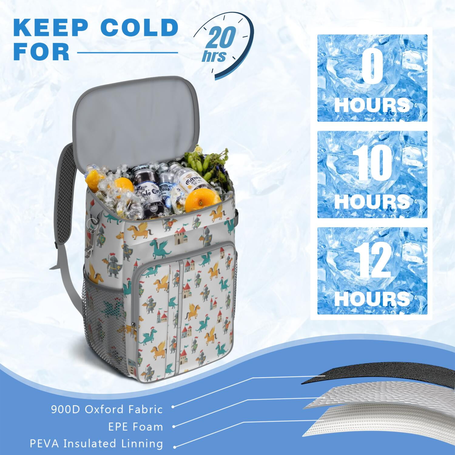 Travel Cooler Bag - White Cartoon KnightsCastles Pattern Camping Beer Cooler Backpack with Bottle Opener- Waterproof Insulated Picnic Backpacks - Cooler Bag for Beach