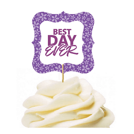 12pack Best Day Ever Purple Flower Cupcake Desert Appetizer Food Picks for Weddings, Birthdays, Baby Showers, Events &