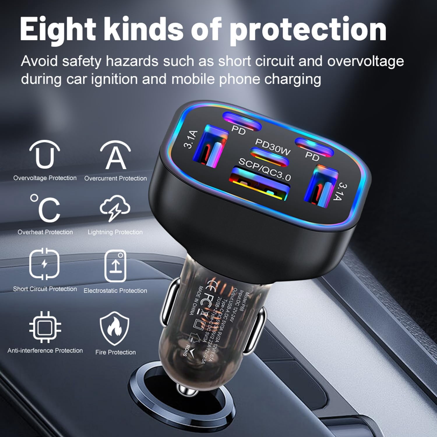 Multi port 6 Ports USB C Car Charger 12v 24v Cigarette Lighter Charger Adapter With PD30W Fast Charge Compatible with Iphone 16 15 14 13 12 11 Pro max Plus Samsung Huawei Xiaomi and more Android