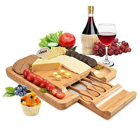 

LELINTA Bamboo Cheese Board and Knife Set - Platter and Serving Tray Magnetic 4 Drawers Bamboo Charcuterie Cutlery Knife Set Housewarming Gift Wedding and Anniversary Gift