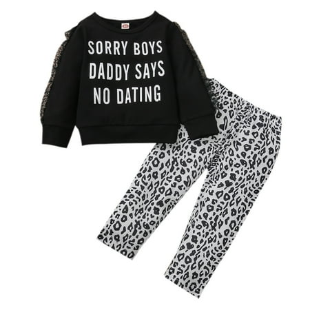 

Little Girls Autumn Set Letter Print Tops Leopard Trousers Set