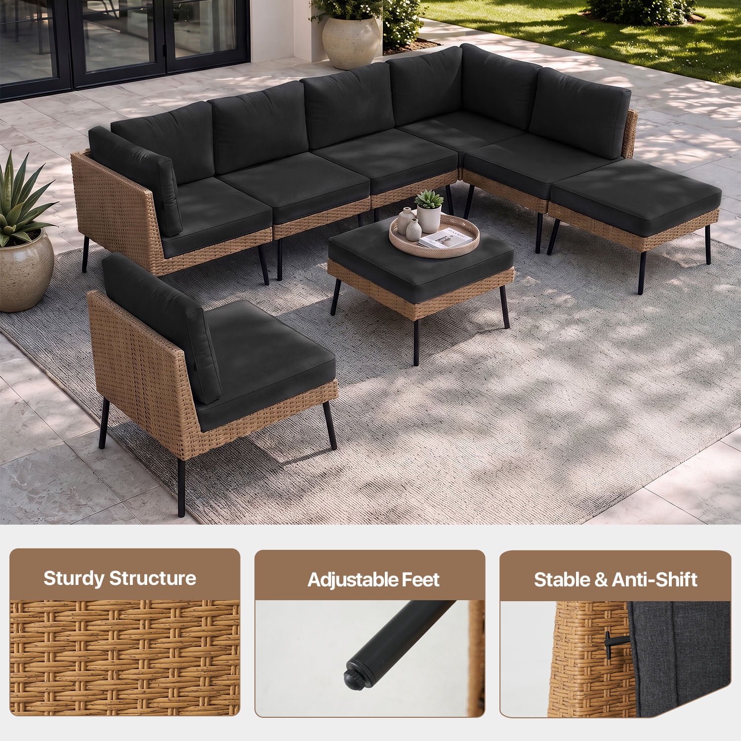 BaPiPro 8-Piece Modular Outdoor PE Rattan Sectional Sofa Set, All Weather Patio Furniture with Removable 4" High Density Cushions & 2 Multifunctional Ottomans for Backyard Garden Courtyard, Black