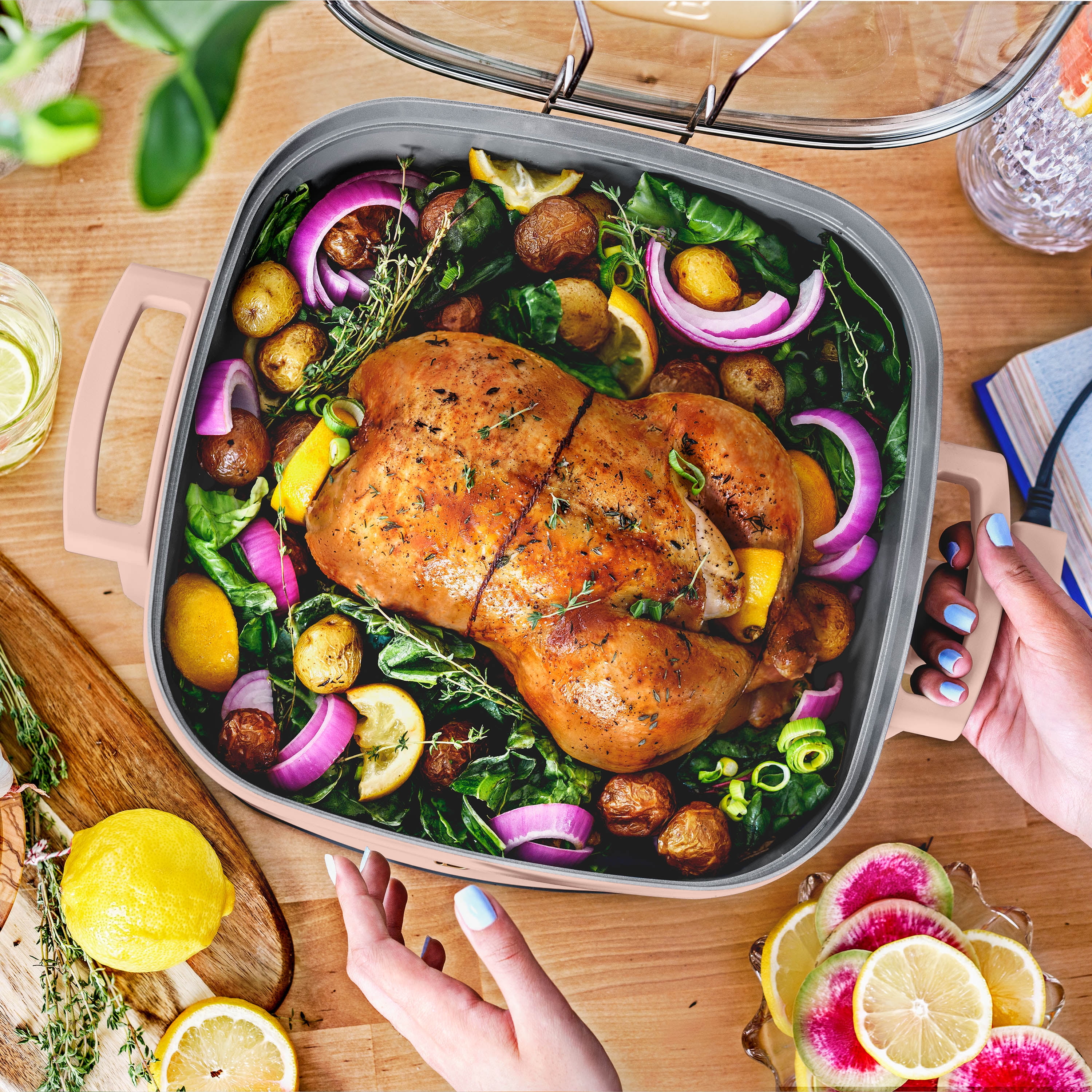 Beautiful 5 in 1 Electric Skillet - Expandable up to 7 Qt with Glass Lid, Rose by Drew Barrymore