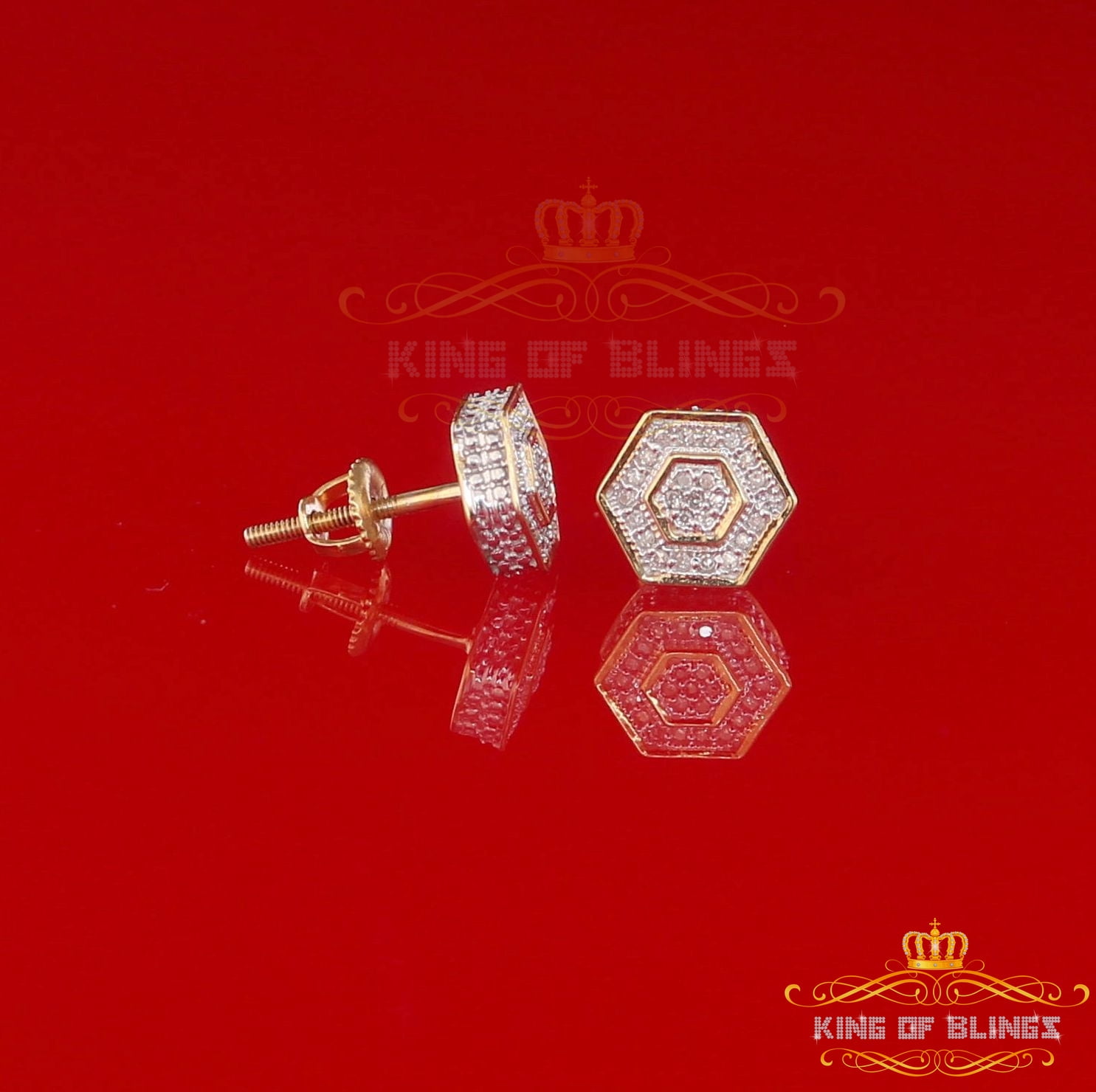 King of Bling's 10K Real Yellow Gold with 0.10CT Real Diamond Men's/Women's stud Hexagon Earring
