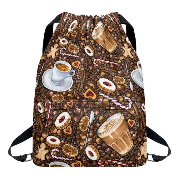 Xoenoiee Coffee Print Drawstring Backpack with Zipper Pocket for Men Women, Adjustable Waterproof Gym Bag String Bag Sackpack Daypack for Sport Yoga Camping