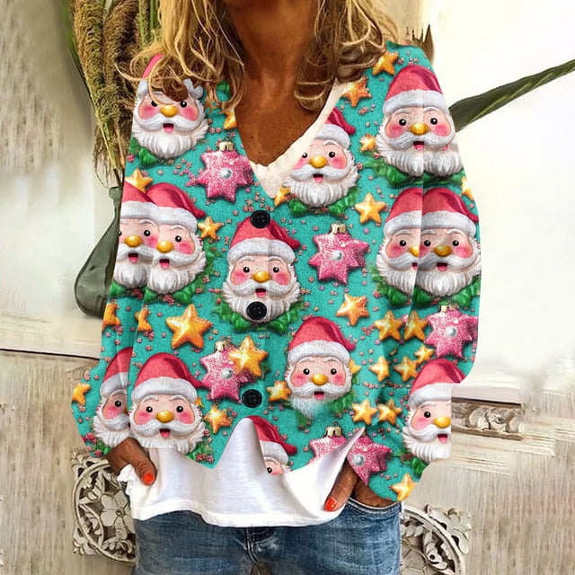 Cárdigan informal con estampado navideño para mujer, chaqueta con botones, blusa de poliéster