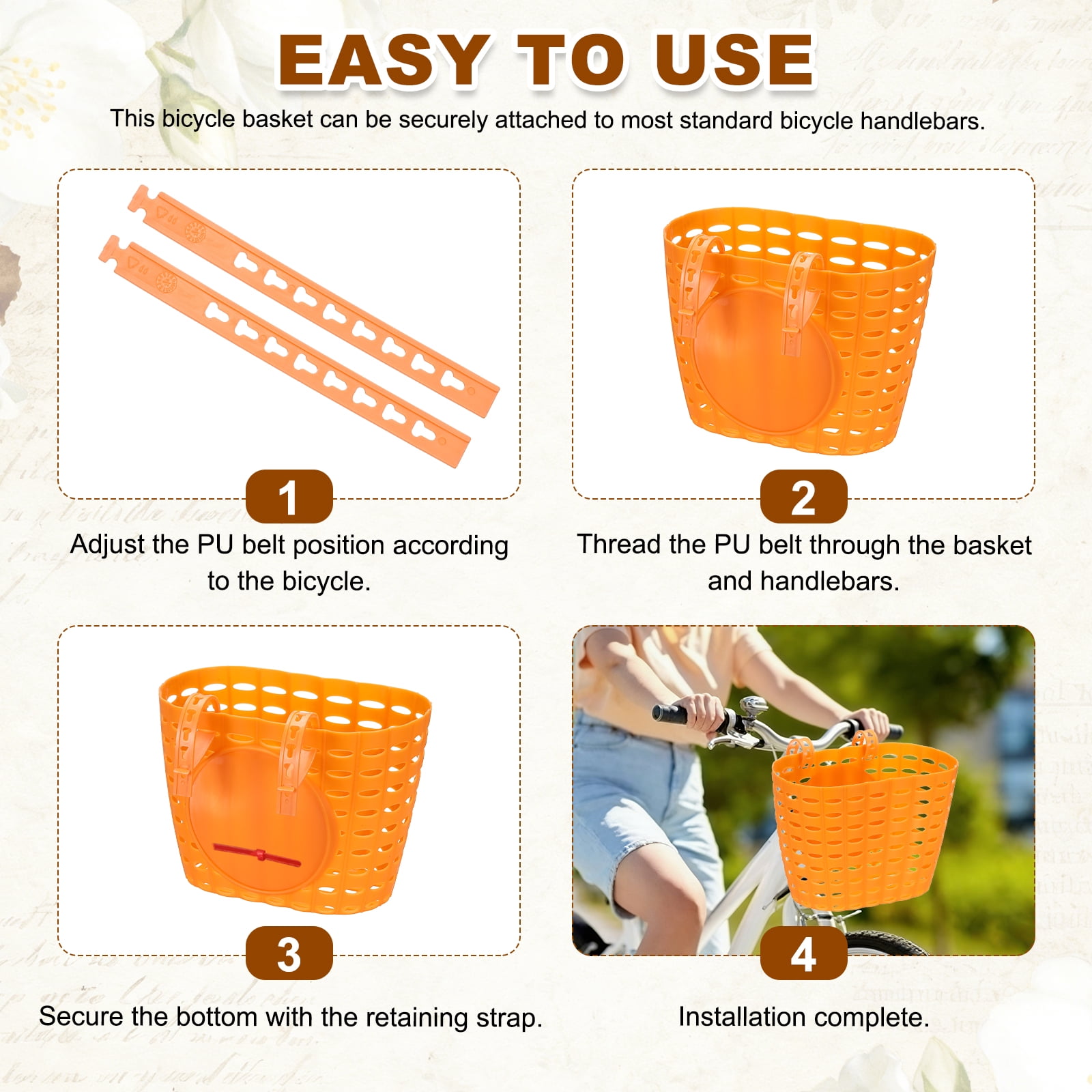 Uxcell Bike Basket, Plastic Bicycle Basket Adjustable Front Baskets with 2 Adjustment Buckles Unisex Strong Load 7.7 x 5.1 x 5.9" & Orange-Fitting For(Most Bikes/Tricycle/Scooters)